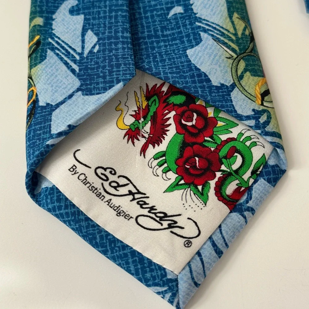 Ed Hardy by Christian Audigier Blue Skull Tattoo Graphic Neck Tie 57